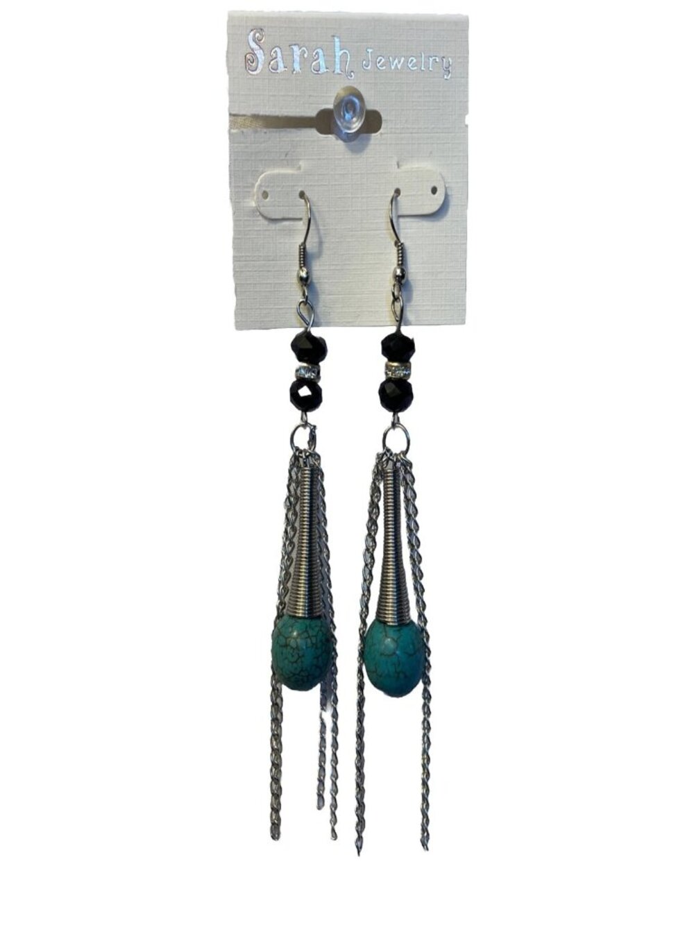 Faux Turquoise Tassel Earrings Silver Tone Dangle Chain Boho Bead Drop Earrings